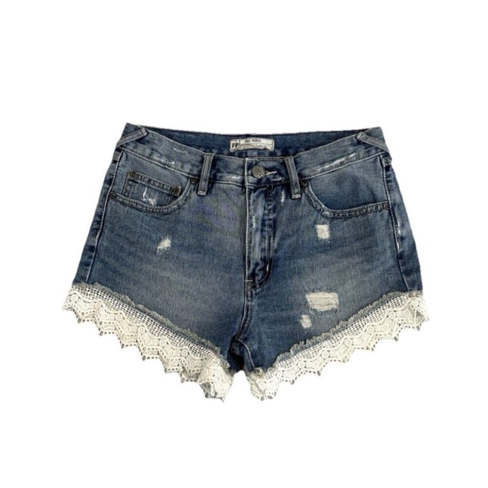Free People Denim Shorts Women's Size 25 Frayed Crocheted Hem Distress Bohemian